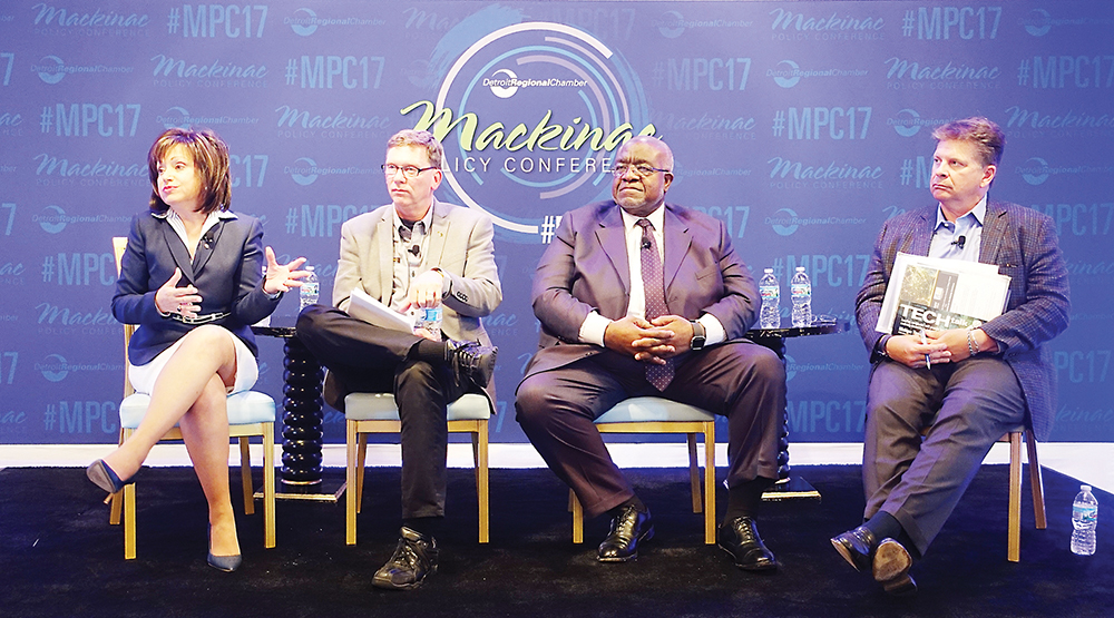 WCC President Dr. Rose B. Bellanca was joined on-stage at the Mackinac Policy Conference by (from left) Roger Curtis, director of the Michigan Department of Talent and Economic Development; Dr. Curtis Ivery, chancellor of Wayne County Community College District; and Paul Krutko, present and CEO of Ann Arbor SPARK.