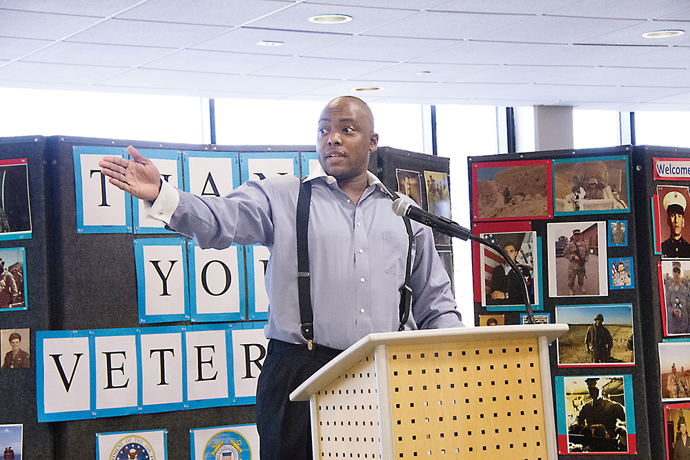 WCC student and Army veteran Sgt. Thomas Harris Jr., praised the efforts of Washtenaw Community College faculty and staff during a Veterans Day ceremony on November 8. | Photo by Kelly Gampel