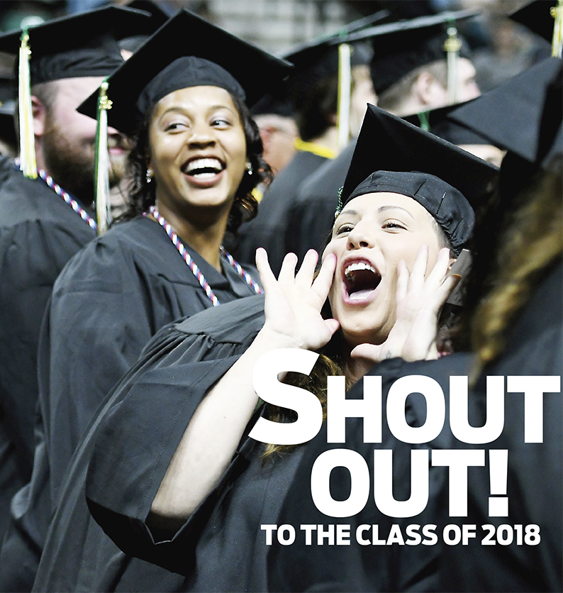 Washtenaw Community College graduate Star Looney yells to her husband, Todd Goerlitz, in the crowd prior to the WCC Commencement ceremony on May 19 at the Eastern Michigan University Convocation Center while fellow graduate Akasha Thompson (left) looks on. | Photo by Lon Horwedel